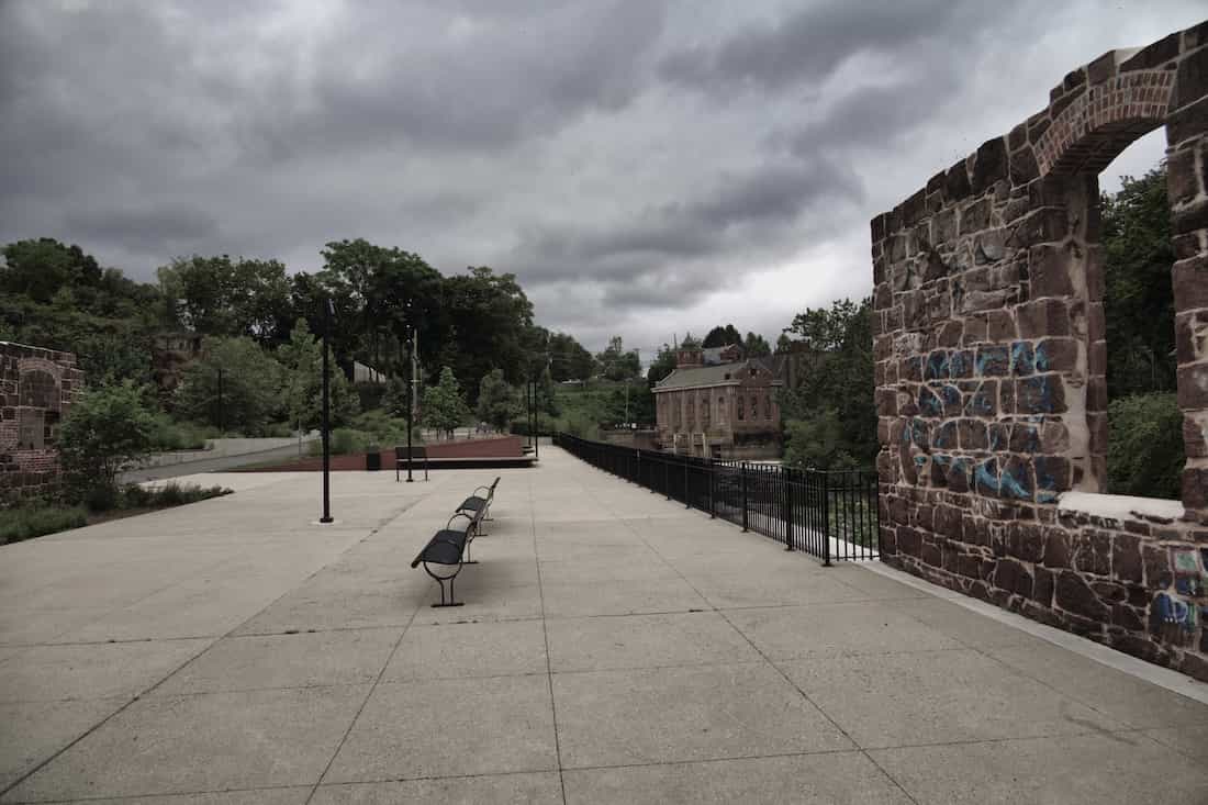 image of park with old factory backdrop